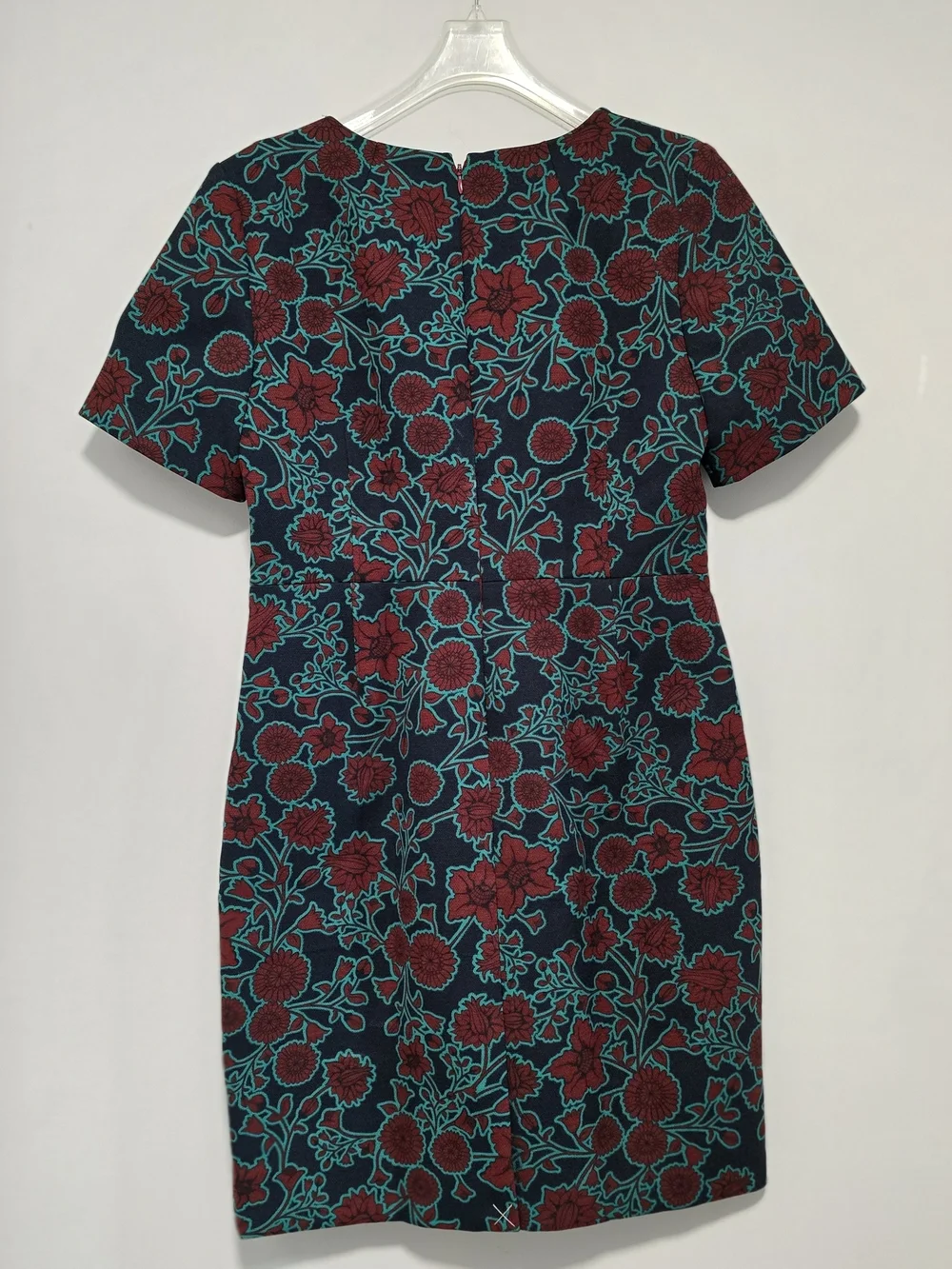 J. Crew Teal and Burgundy Floral Sheath Midi Dress Business, Office Dress Petite